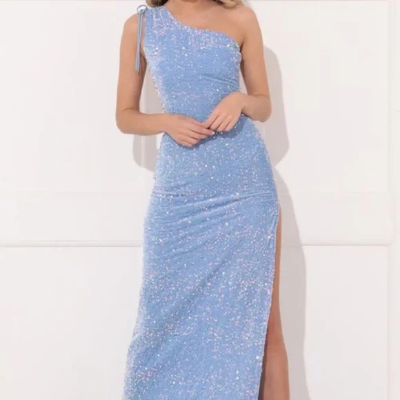 blue sequin dress lucy in the sky Shimma Blue Satin Mini Dress - US 16